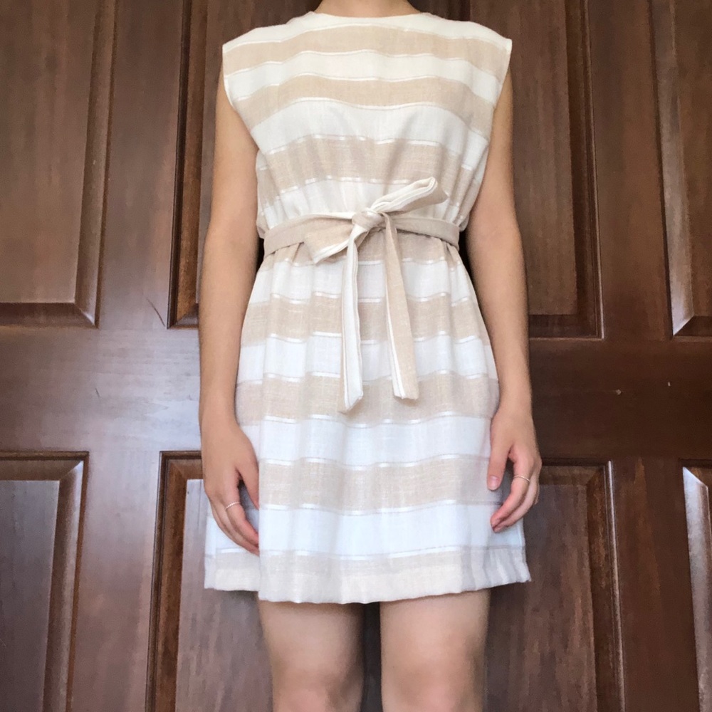 White/ Beige Stripe Korean Dress- One Size (EUC)